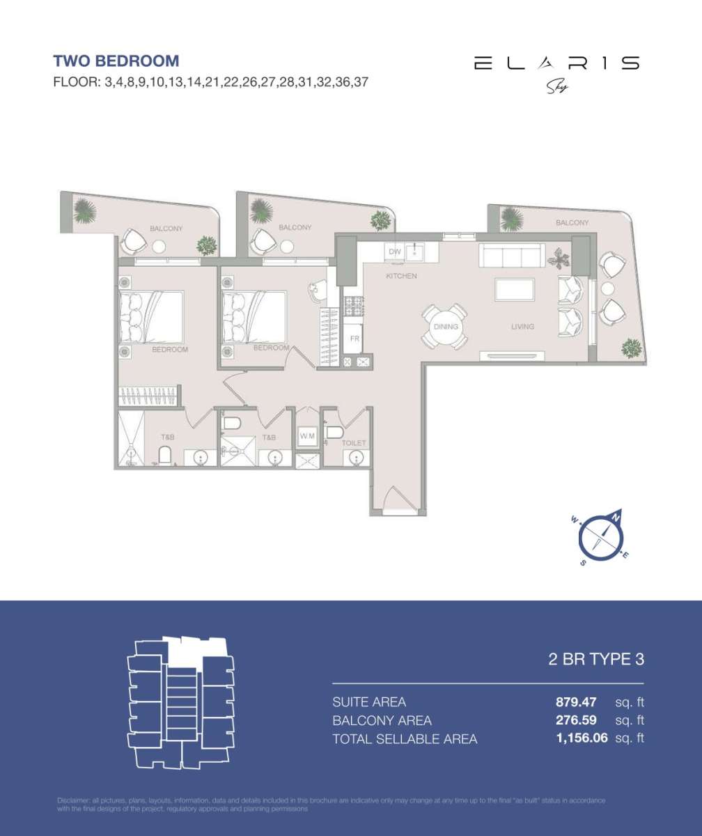 2BR-Type 3 - Elaris Sky offers 2-bedroom apartments in JVT District 3, Jumeirah Village Triangle, Dubai.